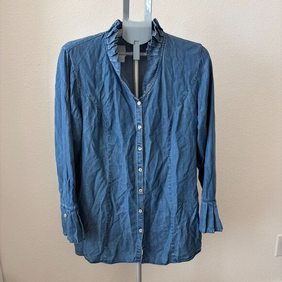 Soft Surroundings Women's LG Top Ruffle Collar Tencel Chambray Button Down ASO - Picture 2 of 8